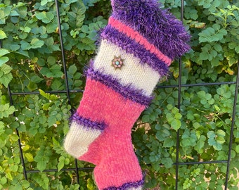 Purple SPARKLES Pink VELVET Hand Knit Christmas Stocking with Vintage Brooch