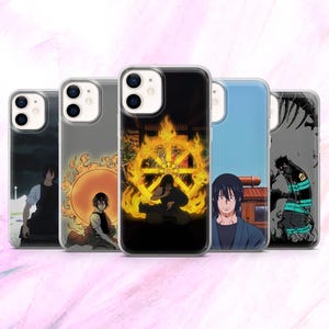 May include: A collection of five phone cases featuring anime-style illustrations. The cases display various characters and scenes, with vibrant colors and detailed artwork. The designs include a character in a black outfit, a character in a white outfit, and a character with a fiery background.