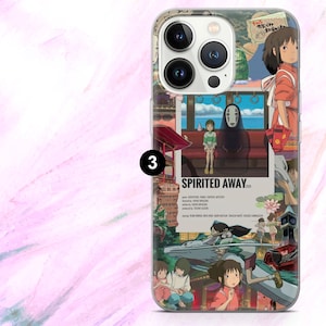 May include: Clear phone case featuring a collage of images from the animated film "Spirited Away." The design includes characters, scenes, and the film's title. The case is designed to fit a smartphone with multiple camera lenses.