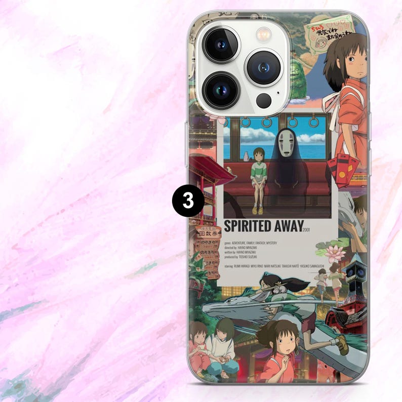 May include: Clear phone case featuring a collage of images from the animated film "Spirited Away." The design includes characters, scenes, and the film's title. The case is designed to fit a smartphone with multiple camera lenses.