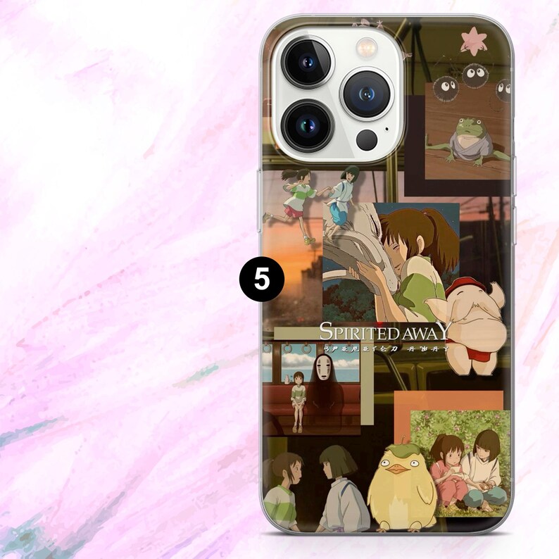 May include: Clear phone case featuring a collage of images from the animated film "Spirited Away." The design includes characters and scenes from the movie, with the film's title printed in white. The case has a clear border.