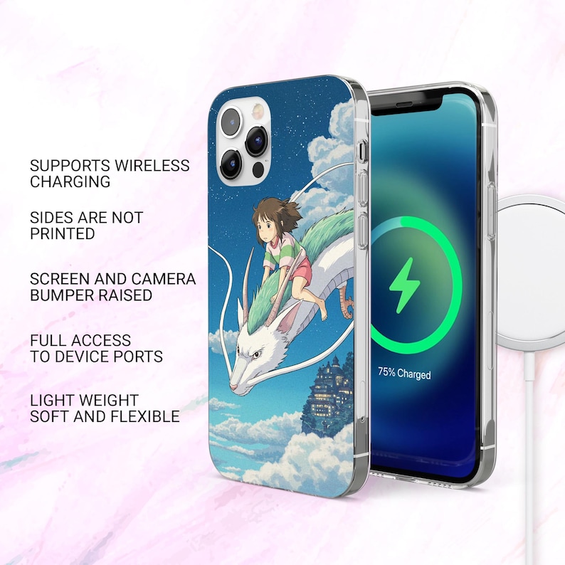 May include: A clear phone case featuring a vibrant illustration of a girl riding a dragon through the sky. The case has the following features: supports wireless charging, sides are not printed, screen and camera bumper raised, full access to device ports, and is light weight and flexible.