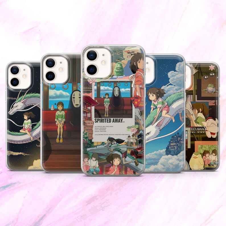May include: A collection of five phone cases featuring colorful illustrations from the animated film "Spirited Away." The cases showcase various scenes and characters, including a dragon, a girl, and the film's title. The cases are designed to fit a smartphone.