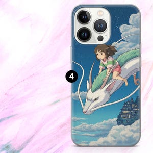 May include: A phone case featuring a vibrant illustration from an animated film. The design showcases a girl riding a white dragon through a night sky filled with clouds and a distant cityscape. The case has a blue border.