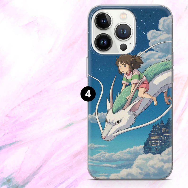 May include: A phone case featuring a vibrant illustration from an animated film. The design showcases a girl riding a white dragon through a night sky filled with clouds and a distant cityscape. The case has a blue border.