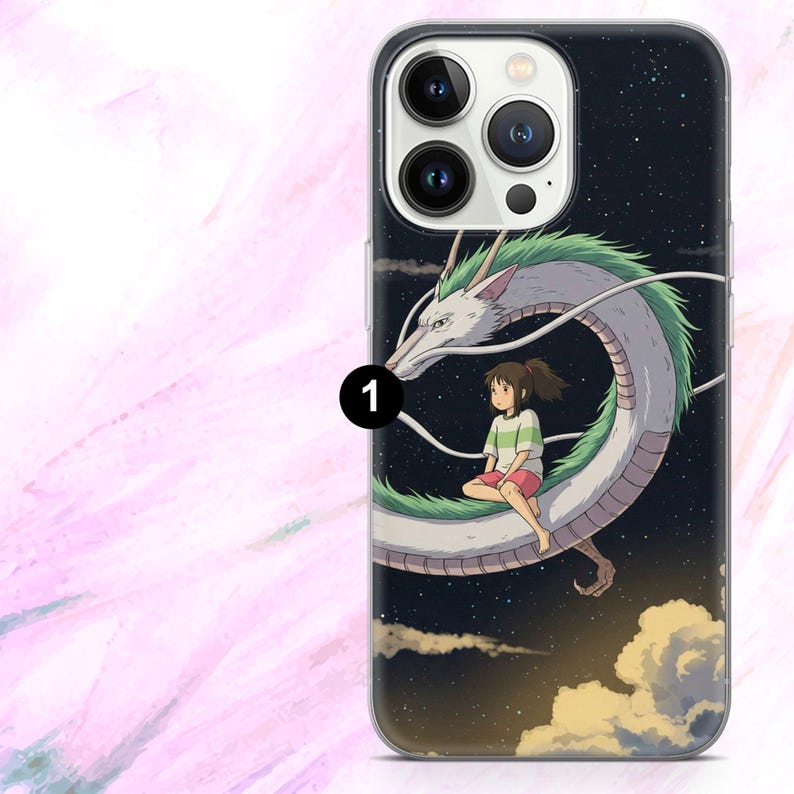 May include: A phone case featuring a whimsical illustration of a white dragon with green accents and a young girl. The background is a starry night sky with fluffy clouds, creating a fantasy theme. The case is designed to fit a smartphone.