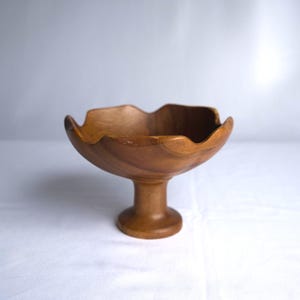 Vintage Monkey Pod Wood Pedestal Bowl 6" – Small Hand Carved Wooden Bowl – Mid Century Modern Decor