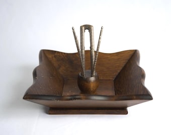 Vintage 1950's HMQ Wooden Nut Bowl Set with Nutcracker and Picks – 9.5 Inch Square Mid Century Serving Bowl with Scallop Edge