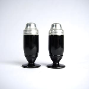 Vintage 1950s Salt Pepper Shakers in Black & Aluminum | Mid Century Modern MCM Kitchen | Art Deco Tableware