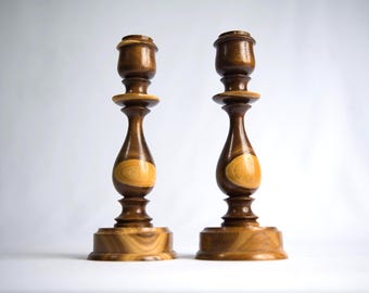 Vintage 1970's Taper Candle Holders – 8 inch Hand Turned Wood Candlesticks – Mid Century Modern Decor – Set of Two