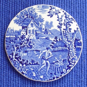 May include: A round, white and blue ceramic plate with a pastoral scene. The design features a village with houses, trees, and figures in a classic blue and white color scheme. The plate has a detailed, vintage aesthetic.