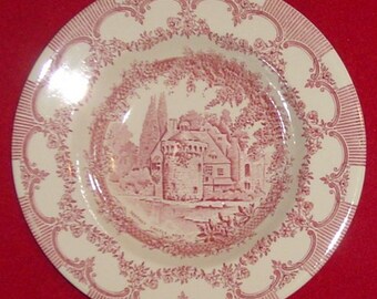 Scotney Castle Kent - ROYAL HOMES  - Soup Bowl - Red / Pink - TRANSFERWARE Toile - English Ironstone Tableware - Staffordshire, England