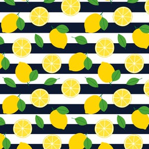 May include: A repeating pattern featuring bright yellow whole lemons and sliced lemon segments interspersed with small green leaves, all set against a background of horizontal navy blue and white stripes across the entire surface.