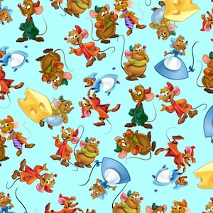 May include: A light blue fabric pattern featuring a repeating illustration of cartoon mice in various poses and outfits, interspersed with yellow Swiss cheese wedges. The mice are depicted wearing colorful clothing like red capes and blue dresses.
