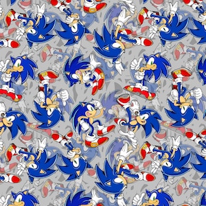 May include: A repeating pattern featuring the character Sonic the Hedgehog in various action poses. The blue character is depicted with white gloves and red shoes, set against a light grey background with additional Sonic imagery.