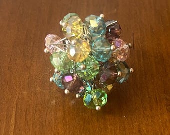 Vintage flerfärgad kristallklusterring – justerbar cocktailring med statementmotiv, Aurora Borealis-glas