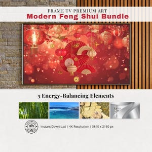 May include: A framed digital art print titled "Modern Feng Shui Bundle" with a red and gold theme. The artwork features hanging lanterns, fans, and coins. Below are images representing 5 energy-balancing elements.