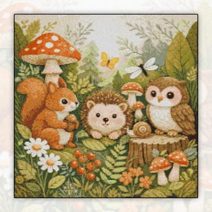 Peut inclure: Une broderie au point de croix représentant des animaux de la forêt. Un écureuil avec un gland, un hérisson et un hibou sont présents. Champignons, fleurs, un papillon et une libellule sont également présents. Les couleurs sont le vert, le marron, l'orange et le blanc.