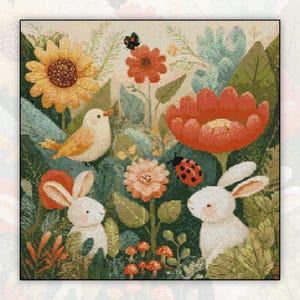 Garden Friends Cross Stitch Pattern PDF + Saga + Pattern Keeper Compatible: Bunnies & Birds Floral Design