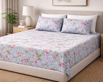 Indian Cotton Bedsheet Set, Aboli Block Print, Ethnic Floral Design, Super King (100x108 inch)