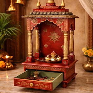 May include: A red and gold wooden shrine with an open drawer. The shrine features intricate gold detailing, a domed roof, and decorative pillars. Inside the shrine are small gold objects. The drawer contains prayer beads and other items.