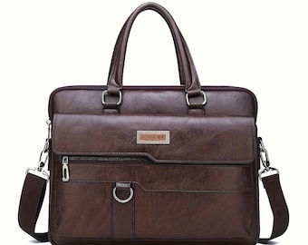 Brown Leather Briefcase – Vintage Messenger Bag for Work Travel, 14-inch Laptop