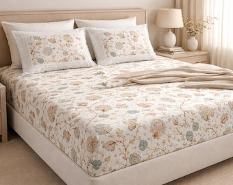 Indian Cotton Bedsheet Set, Anokhi Block Print, King Size 108x108inch, 2 Pillow Covers