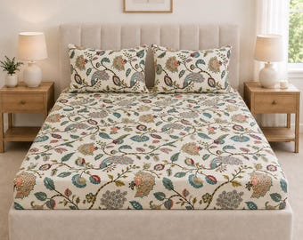Indian Floral Cotton Bedsheet Set, Boho Ethnic Style Bedding, Soft Breathable Home Decor