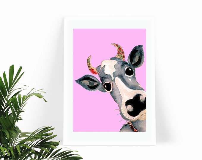 Pink Cow Print | Cow Artwork | Cow Poster | Farm Animal Art | Farm Print | peek a Boo Cow Print | Cow Gifts | Cow