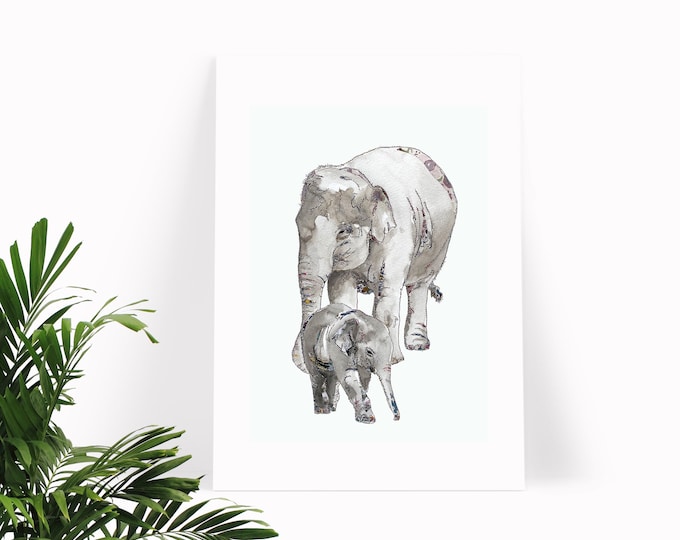 Elephants | Elephant Print | Mother and baby Elephant | Elephant gifts | Baby Elephant art | Elephant Wall Art | Nursery Art