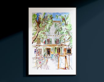 Franse caféscène | Rondleiding Afdrukken | Franse caféposter | Frankrijk reisposter | Cafékunst | Provence café afdrukken | Provence-kunstwerk | Frankrijk