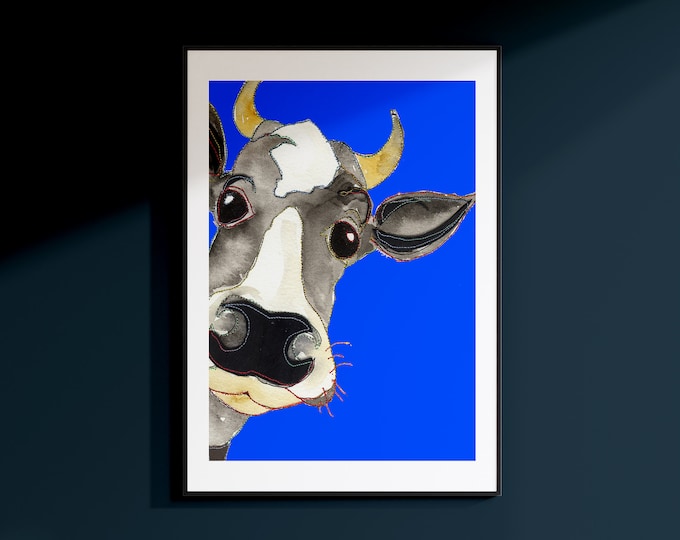 Blue Cow Print | Cow Artwork | Cow Poster | Farm Animal Art | Farm Print | peek a Boo Cow Print | Cow Gifts | Cow
