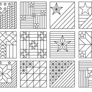 Pode incluir: Uma coleção de doze ilustrações quadradas em preto e branco com vários padrões geométricos, incluindo estrelas, listras, grades e triângulos. Cada quadrado exibe uma disposição distinta de linhas e formas, adequada para colorir.
