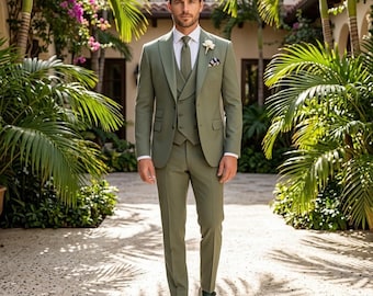 Premium olijfgroen 3-delig kostuum | Double-breasted hemdblazer en broek | Luxe jachtbestemming outfit bruiloft bruidegom