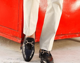 Black Crocodile Embossed Leather Bit Loafers for Men - Classic Horsebit Slip On Dress Shoes