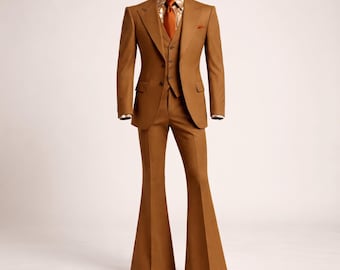 Vintage Brown 3-Piece Suit for Men | 1970s Peak Lapel Bell Bottom Tuxedo | Retro Groom Prom Wedding Suit with Patterned Shirt & Tie