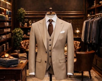 Traje de hombre de 3 piezas color beige, hecho a mano - Traje de novio de lujo para boda