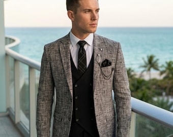 Product TitlePremium Textured Grey 3 Piece Suit | Black Double Breasted Vest & Pants | Luxury Resort Destination Wedding Groom Outfit