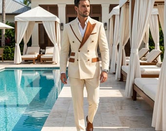 Premium Cream Double Breasted 2 Piece Suit | Brown Contrast Lapel Blazer & Pants | Luxury Resort Destination Wedding Groom Outfit