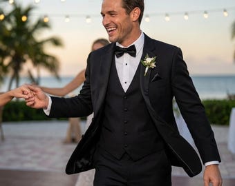 Abito da sposo nero a tre pezzi di alta qualità / Gilet classico, blazer slim fit e pantaloni / Abito da sposo di lusso per ricevimento di nozze a Miami