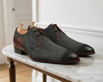 Premium Kid Suede Derby Shoes | Artisan Steel Grey & Burnished Charcoal Collection | Luxury Handmade Men's Lace-up Formal Footwear