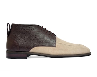 Handcrafted Two-Tone Men's Chukka Boots - Brown Grain Leather & Beige Suede Ankle Boots