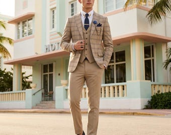 Premium Beige Plaid 3 Piece Suit | Windowpane Check Blazer with Solid Vest & Pants | Vintage Miami Art Deco Wedding Groom Outfit