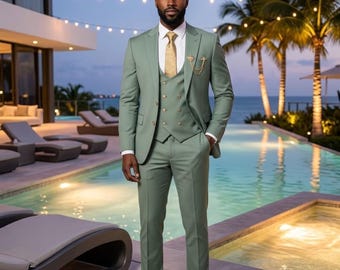 Sage Green 3-Piece Suit | Double-Breasted Vest, Blazer, Pants | Destination Wedding Groom Outfit