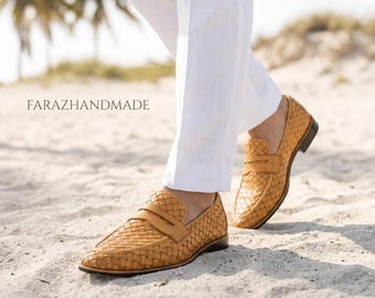 Handwoven Tan Leather Loafers, Artisan Slip-on Moccasins, Men's Casual Footwear