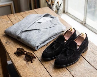 Handmade Men's Black Suede Tassel Loafers - Blake Stitched Genuine Suede Dress Shoes, Luxury Old Money Dark Academia Slip-ons