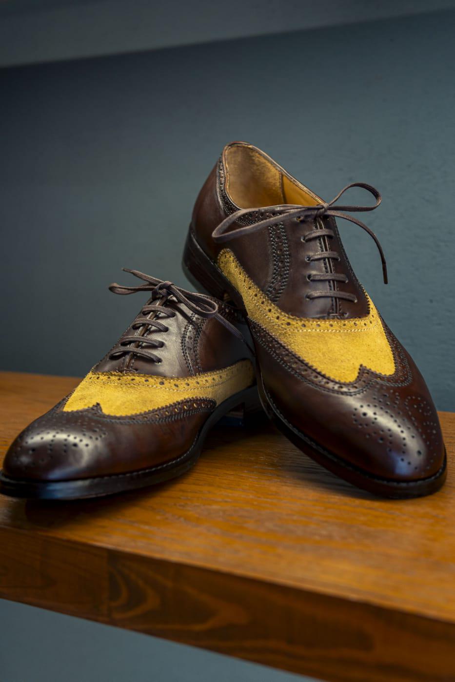 Men\'s Two-Tone Suede Lace-Up Dress Shoes in Brown and Mustard Two Tone Oxford With Lightweight Sole - Carrucci Shoes main image 4
