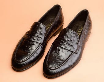Handmade Men's Black Ostrich Embossed Penny Loafers, Calfskin Exotic Textured Leather Slip On Shoes, Handcrafted Luxury Dress Loafers