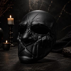 Peut inclure: Un masque noir avec une surface texturée et un design vieilli. Le masque présente de grandes ouvertures pour les yeux et des détails faciaux. L'image comprend des bougies allumées et une esthétique sombre et gothique.