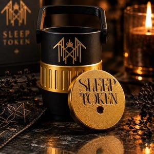 Peut inclure: Un récipient cylindrique noir avec une anse et une bande dorée arborant un logo. Un couvercle circulaire doré est posé devant, gravé du texte SLEEP TOKEN avec un petit trou. Le récipient présente également le même logo doré sur sa partie supérieure.